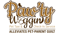 Logo for "Paw'ty Woggin'": brown cursive text with a bird, a paw print, and tagline "Pet Taxi & Check-In Service."