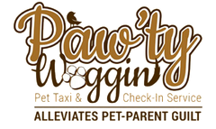 Logo for "Paw'ty Woggin'": brown cursive text with a bird, a paw print, and tagline "Pet Taxi & Check-In Service."