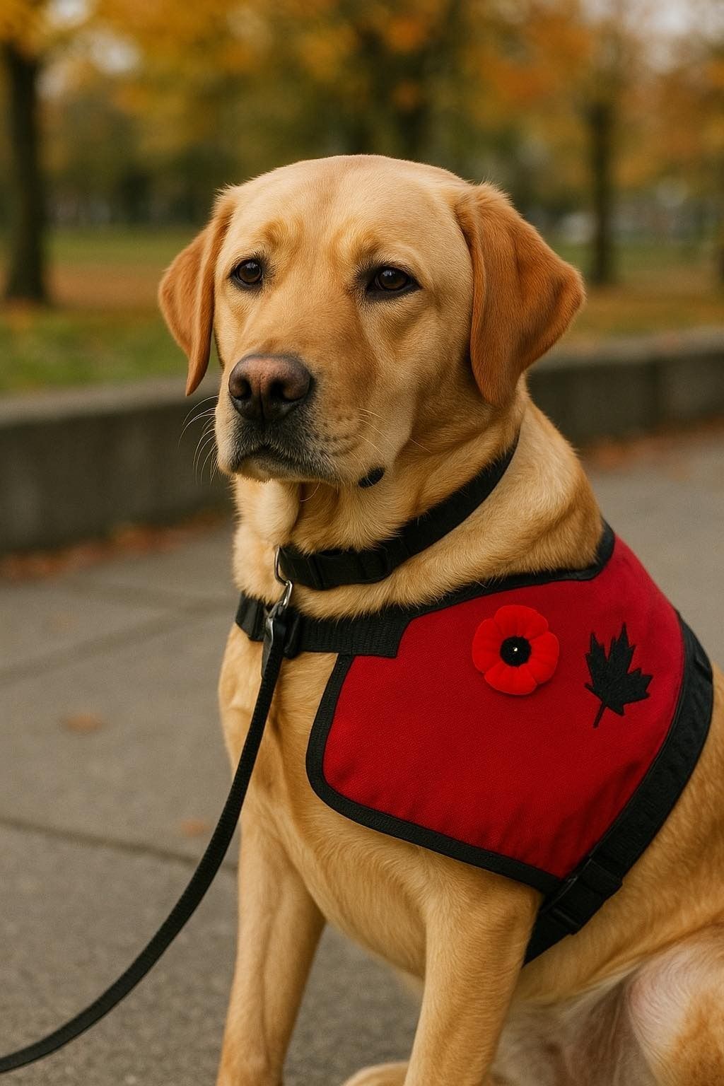 Yellow Labrador wearing a red vest with a poppy and maple leaf, sitting outdoors.