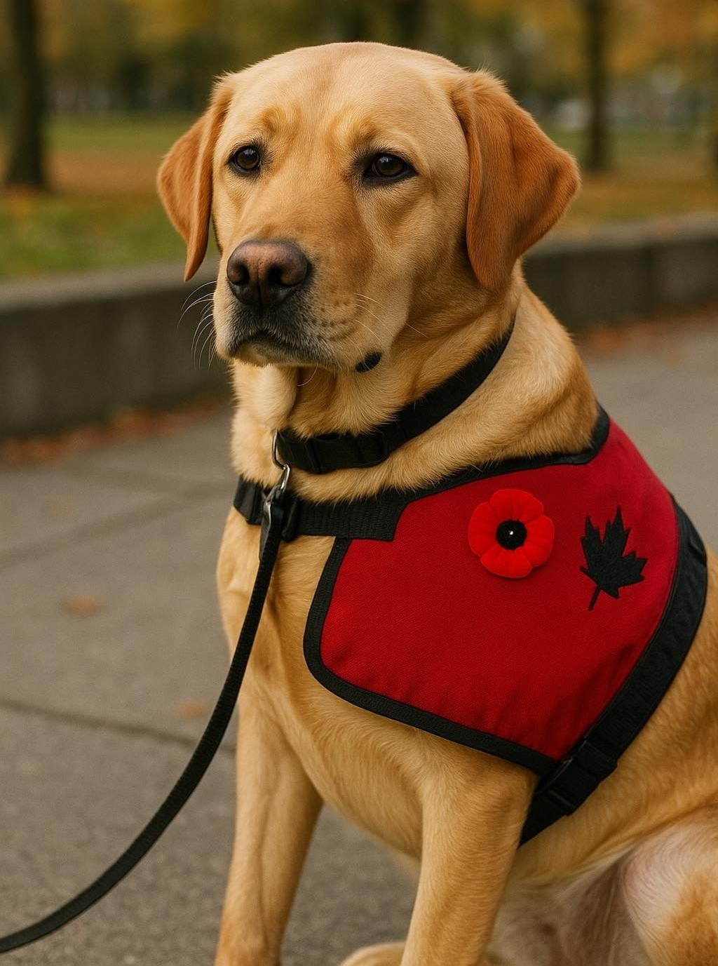Yellow Labrador with red vest and poppy, outdoors.