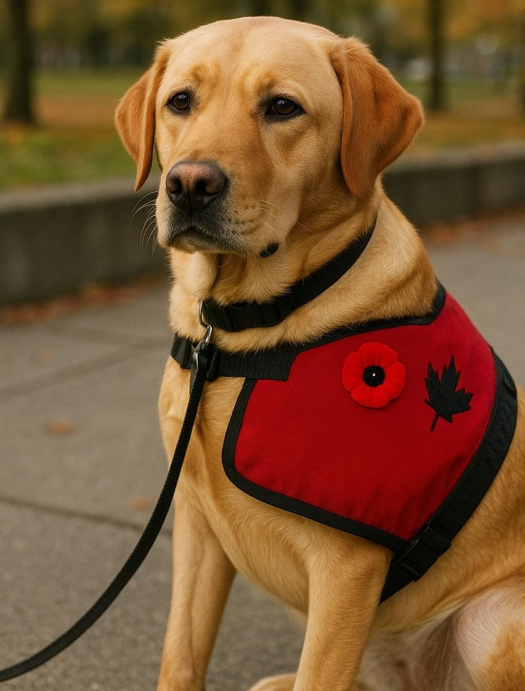 Yellow Labrador dog wearing a red vest with a poppy and maple leaf, sitting on a path.