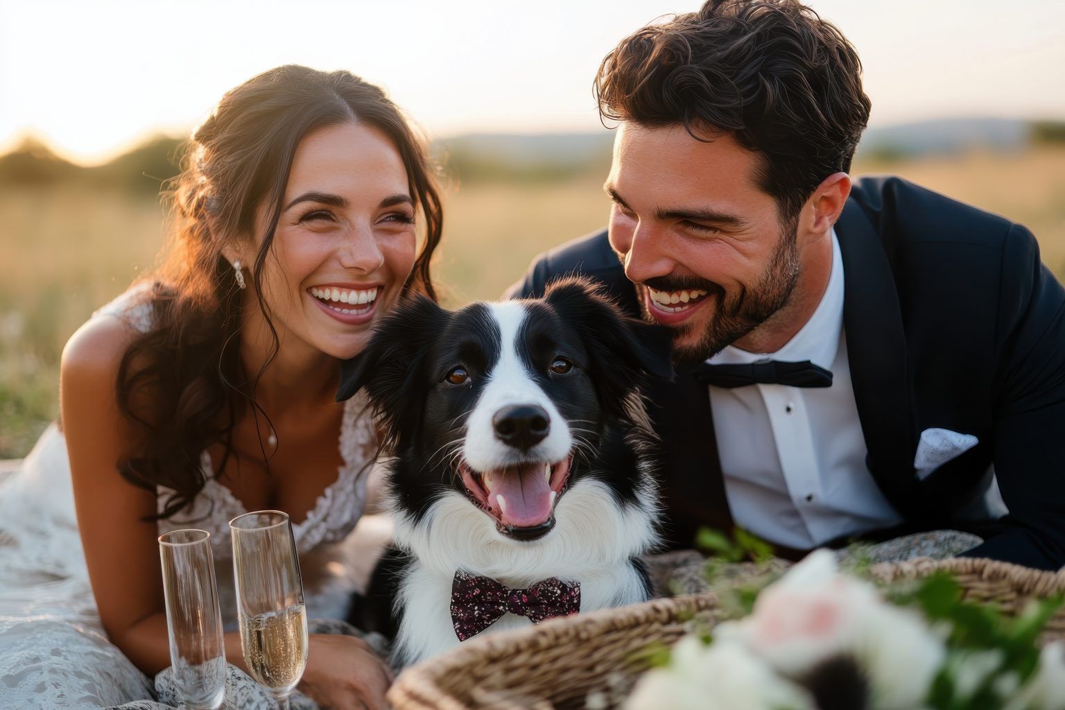 A smiling bride and groom sitting in a sunny field with a black and white dog wearing a bow tie.