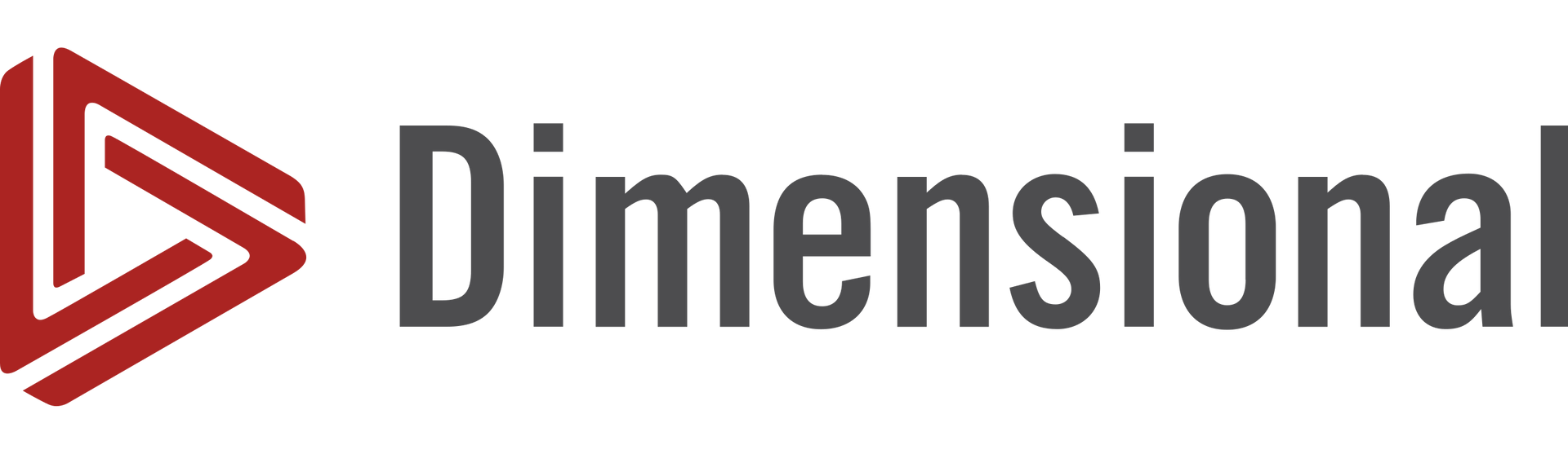 A logo for dimensional with a red triangle in the middle.