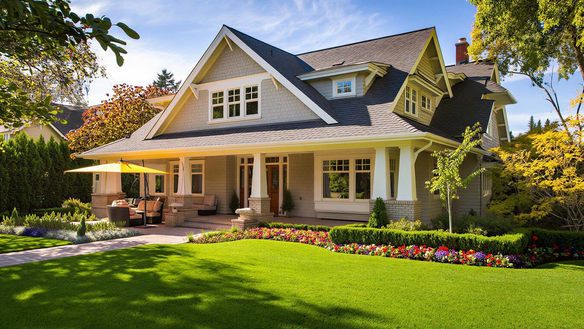 A two-story gray craftsman house with a wide front porch, surrounded by a lush green lawn and colorful flower beds.
