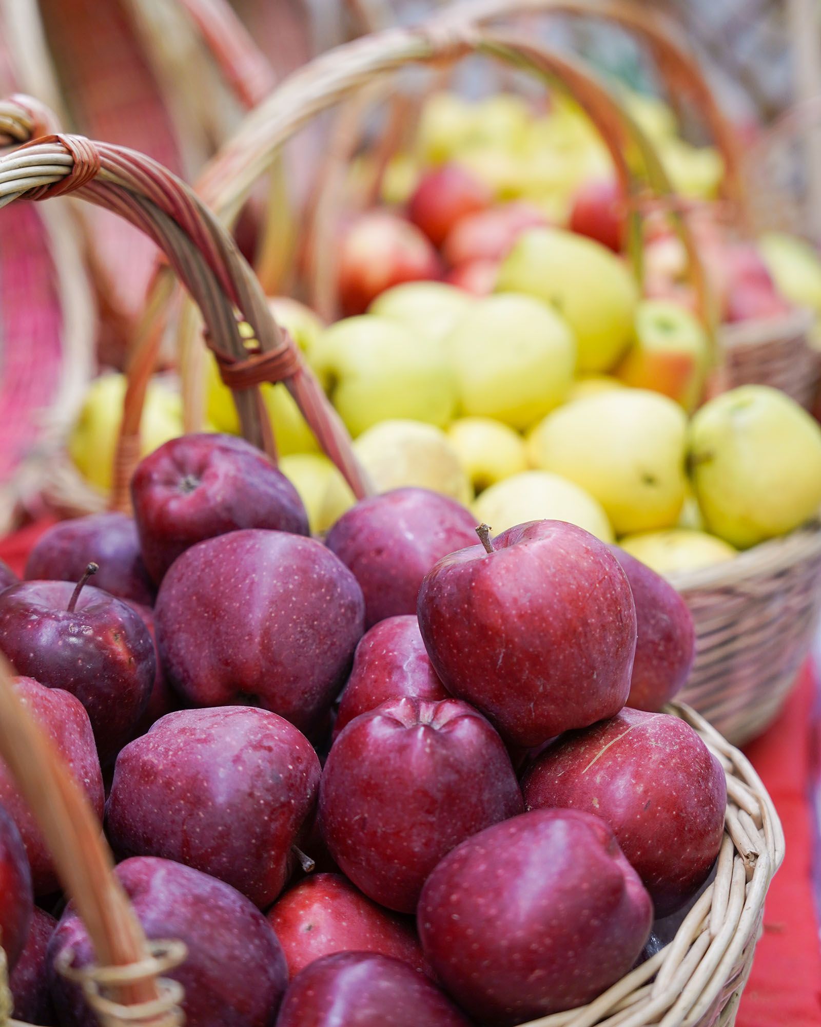 Cesti traboccanti di mele rosse e gialle al mercato, primo piano con manici intrecciati.