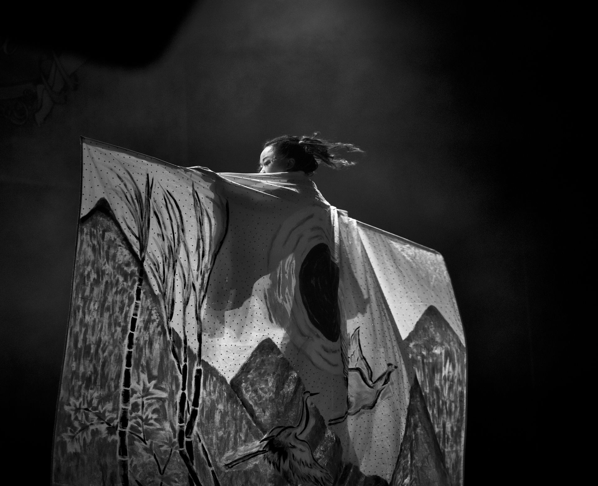Personne portant un tissu peint à motifs de montagnes et de soleil, probablement un costume de scène, en noir et blanc.