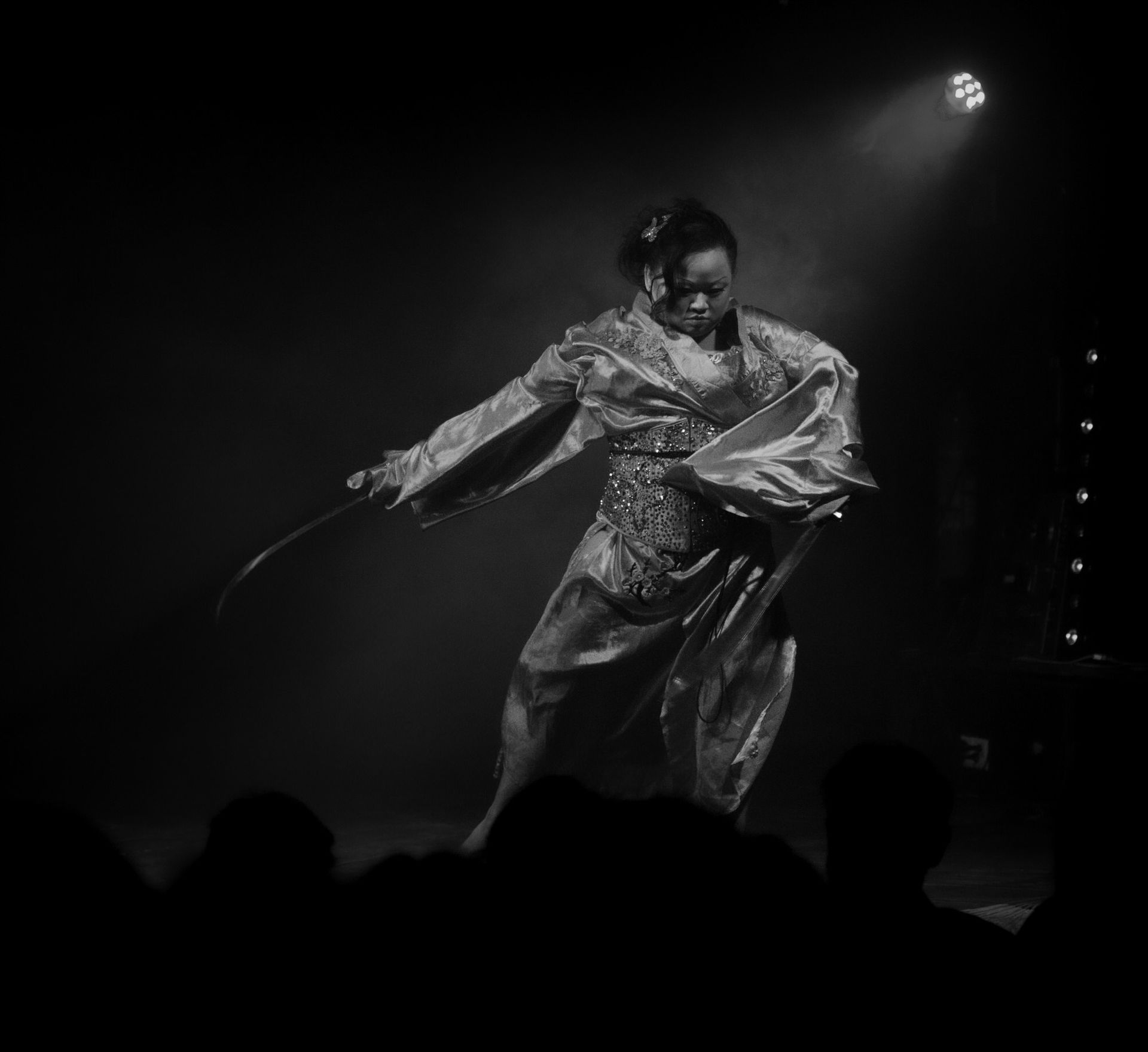 Une artiste en kimono, brandissant une épée, se trouve sur scène, sous les projecteurs. Au premier plan, on aperçoit les silhouettes des spectateurs.