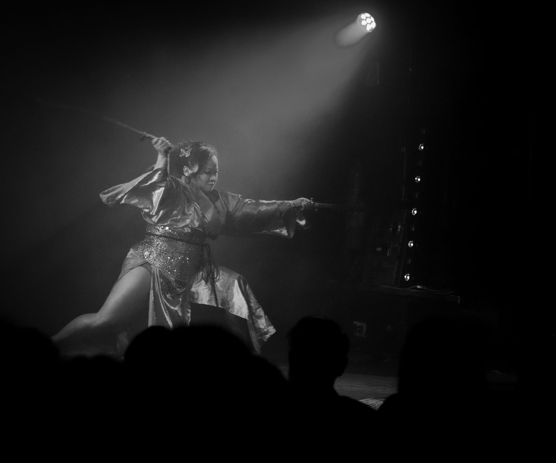 Un artiste sous les projecteurs, tenant une épée, dans une pose dynamique durant une représentation.