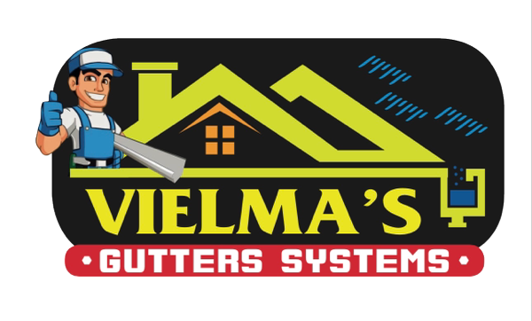 A logo for vielma 's gutters systems with a man on the roof