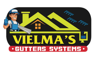 A logo for vielma 's gutters systems with a man on the roof