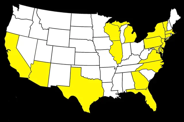 A map of the united states with yellow states highlighted.