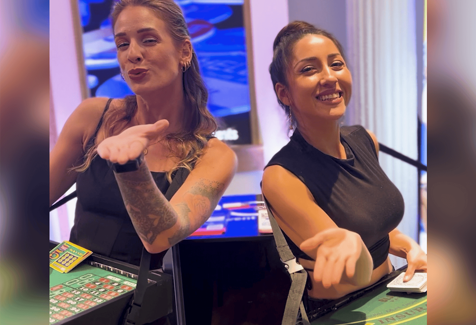 2 Girls with Strolling Casino Tables blowing a kiss to the camera