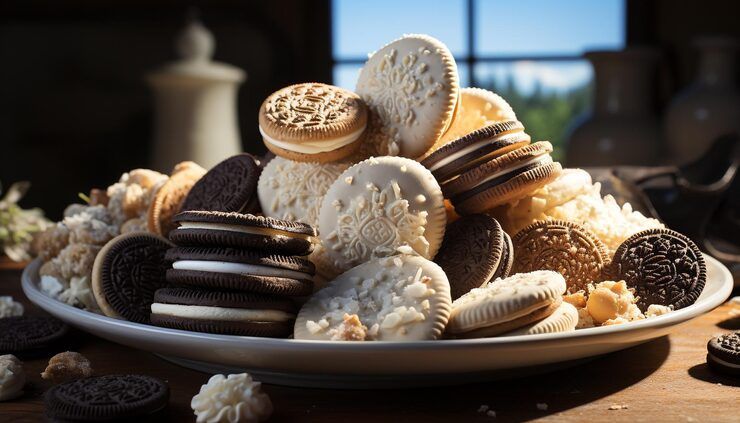 Pile of assorted sandwich cookies on a plate in warm sunlight