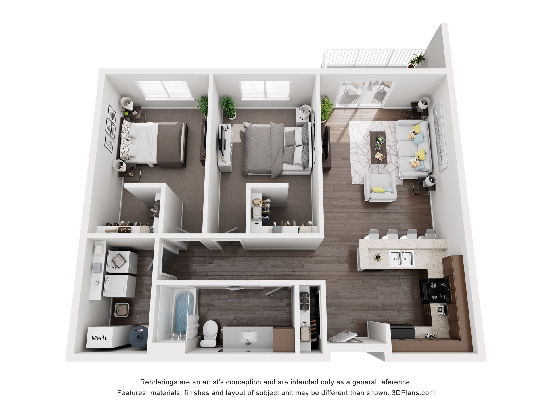 Top-down floor plan of a two-bedroom apartment with living room, kitchen, and laundry area. The layout uses a modern design.