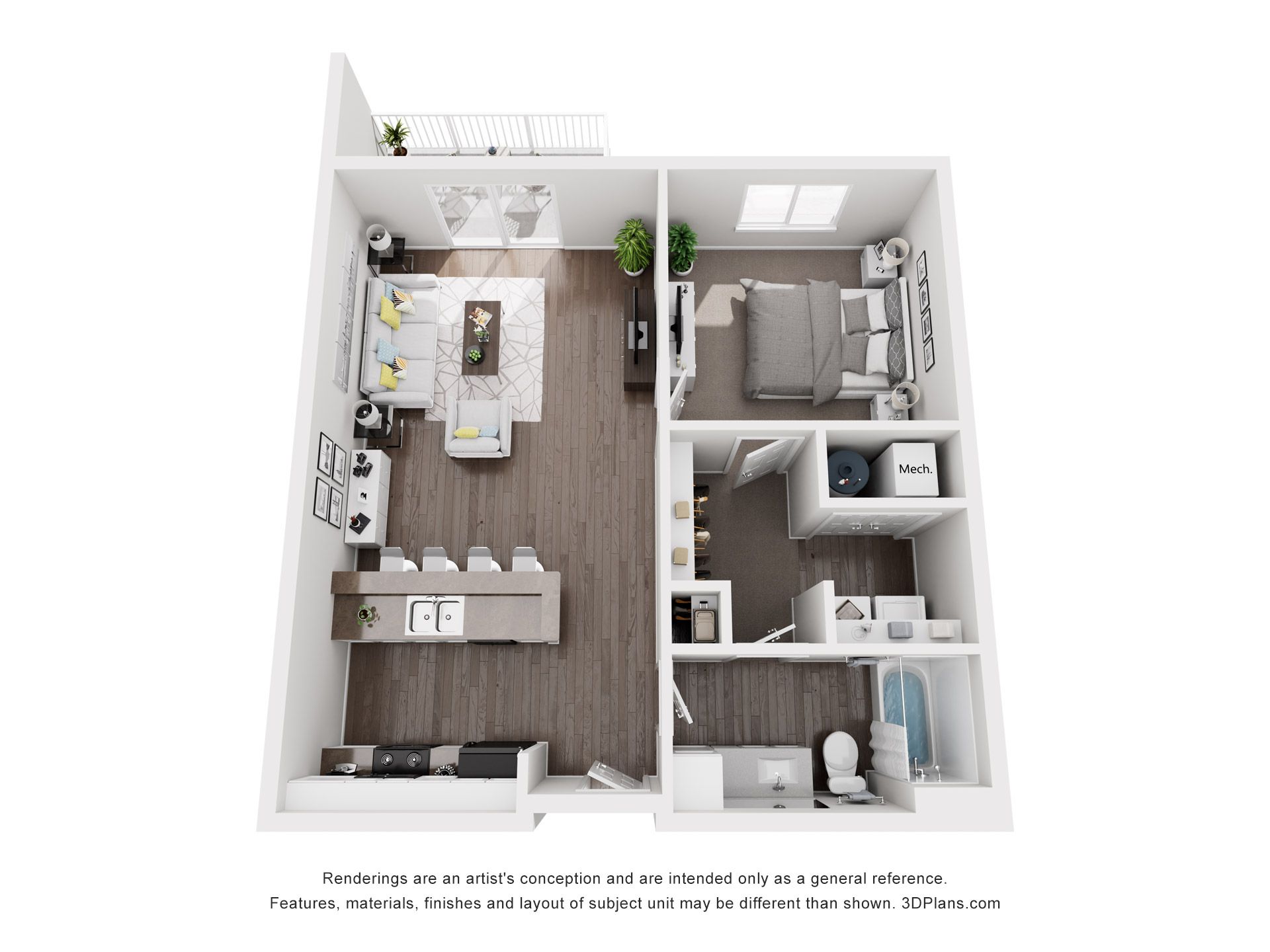 Floor plan of an apartment with living area, kitchen, bedroom, bathroom, and balcony; rendered in neutral colors.