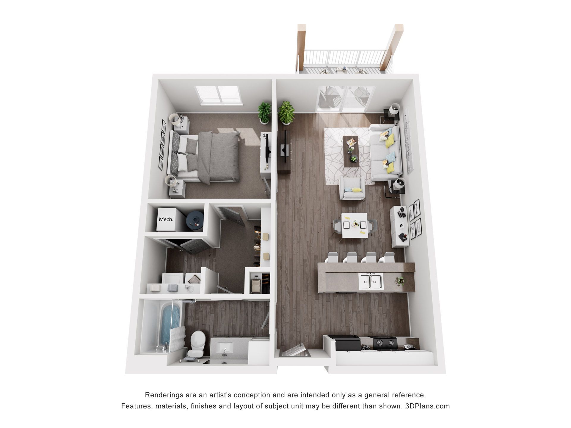 Top-down view of a modern apartment floor plan. The layout features a bedroom, bathroom, kitchen, and living area with a balcony.