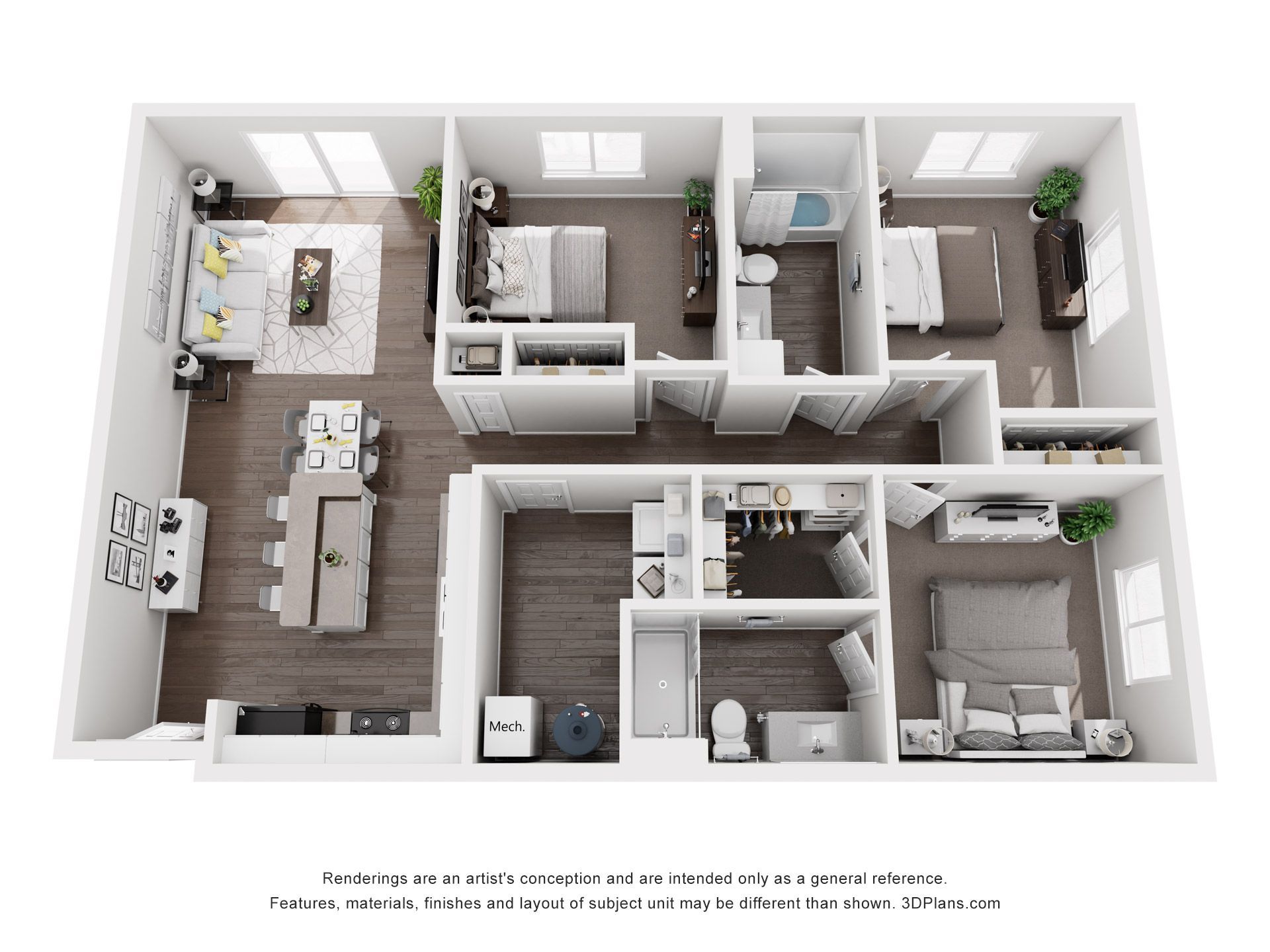 Floor plan of a three-bedroom apartment with living, dining, and kitchen areas. Includes furniture and fixtures like beds, sofas, and appliances.