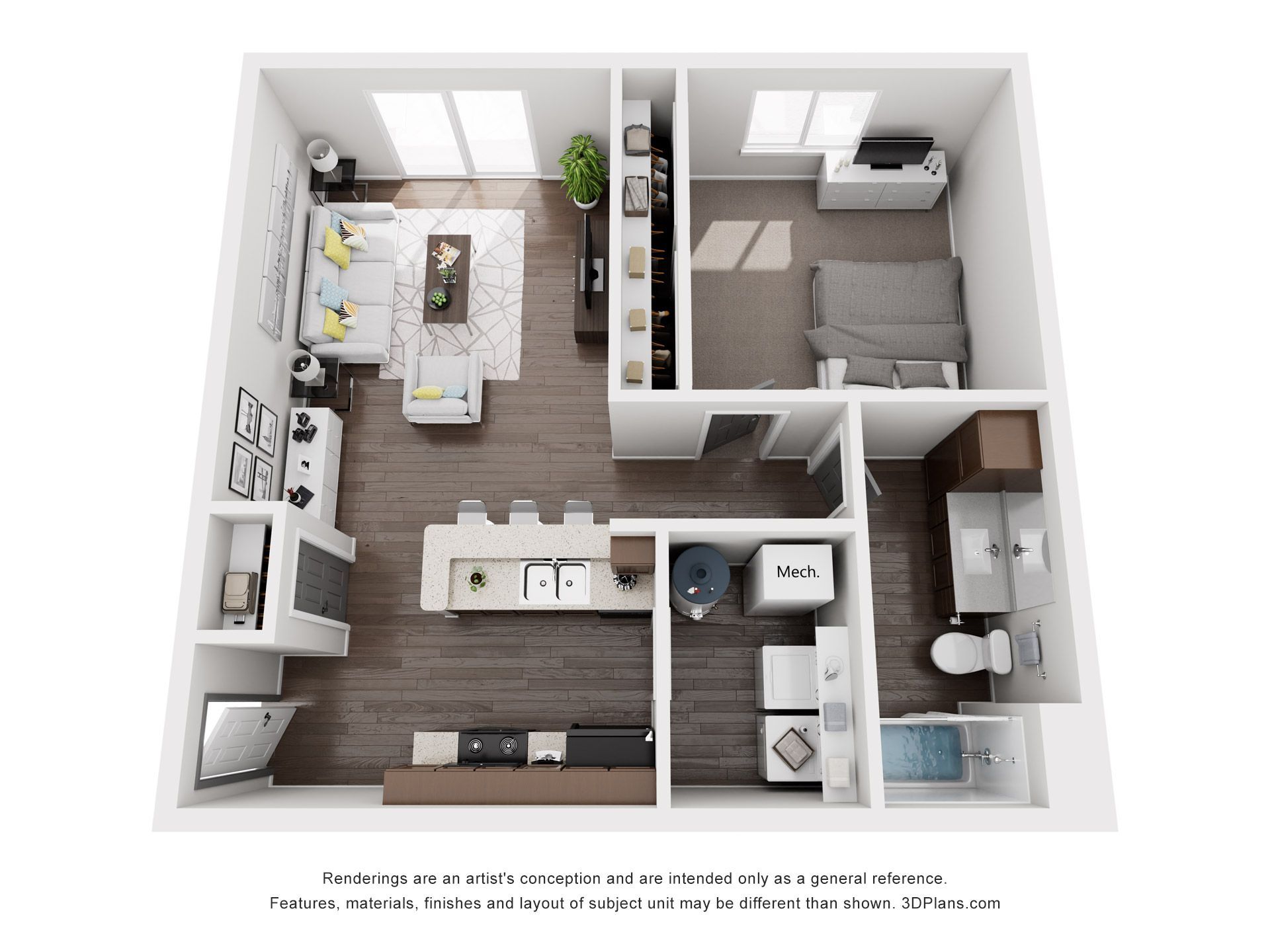 Top-down floor plan of a one-bedroom apartment with living, dining, kitchen, bathroom, and bedroom areas.