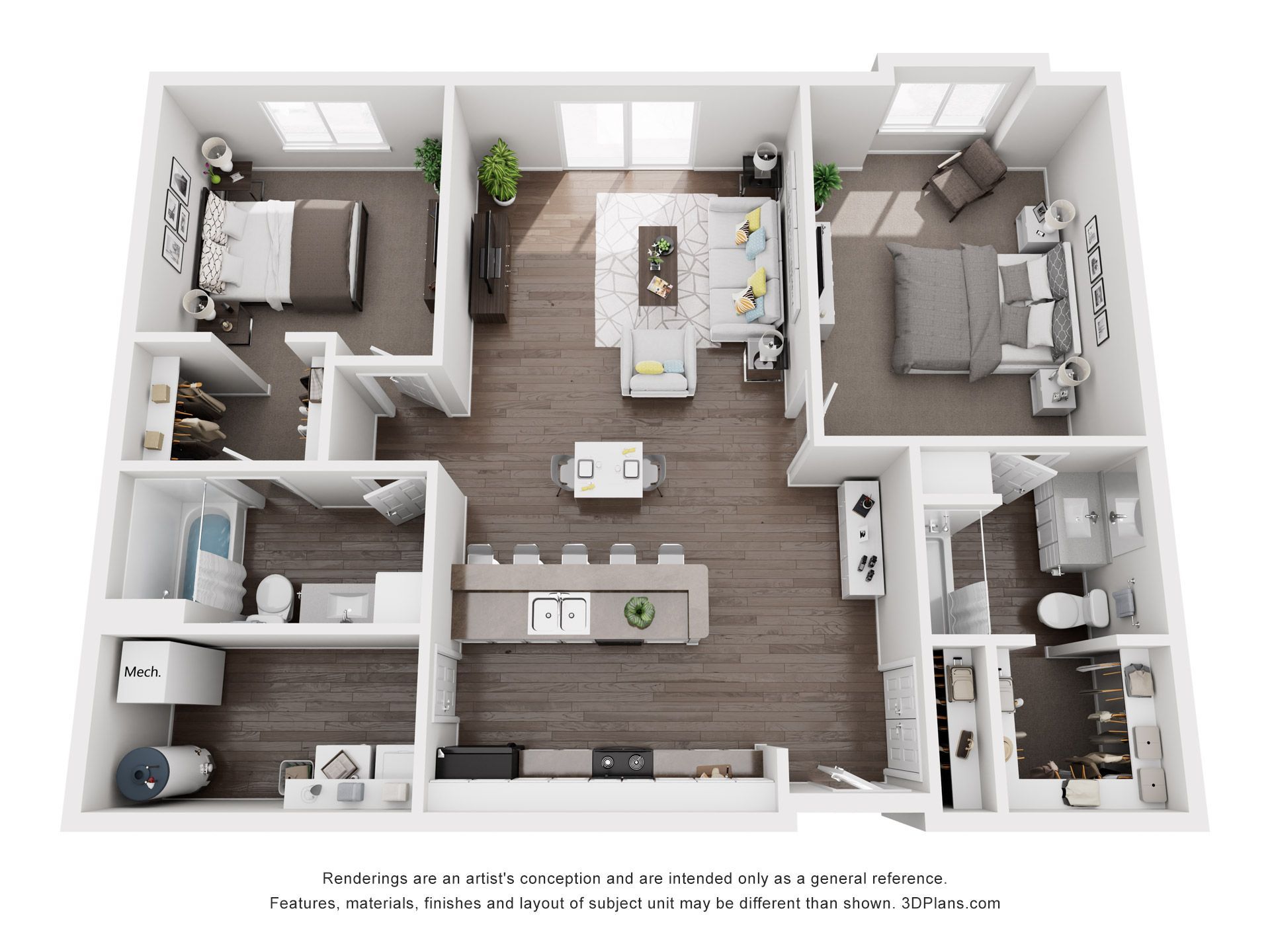 A 3D floor plan of an apartment with two bedrooms, a kitchen, a living room, and two bathrooms.