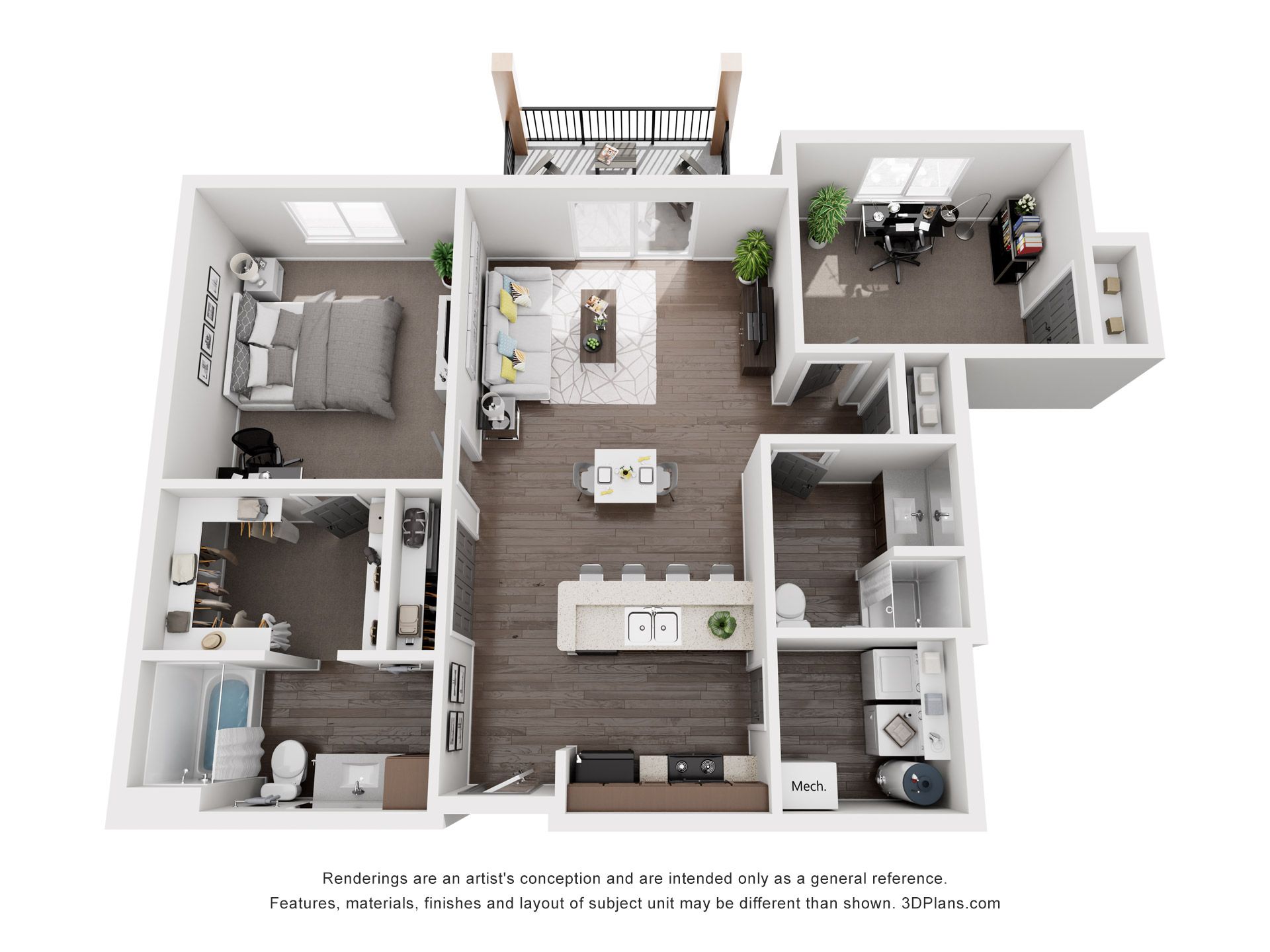 Top-down floor plan of a modern apartment with a bedroom, office, kitchen, living area, and balcony. The floor is hardwood with white walls.