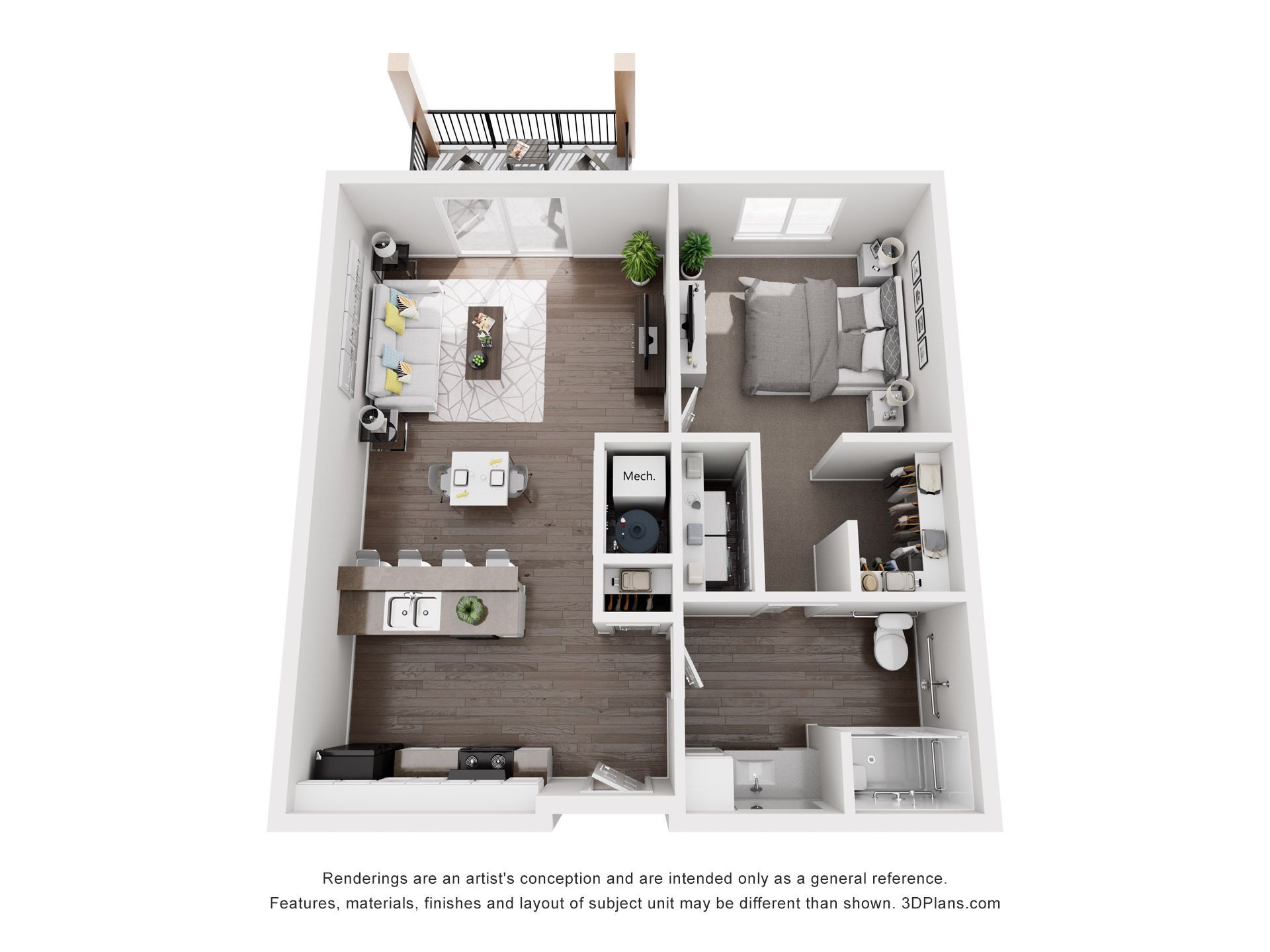 Floor plan of an apartment with a bedroom, living area, kitchen, and balcony. Dark wood flooring throughout the main living spaces.