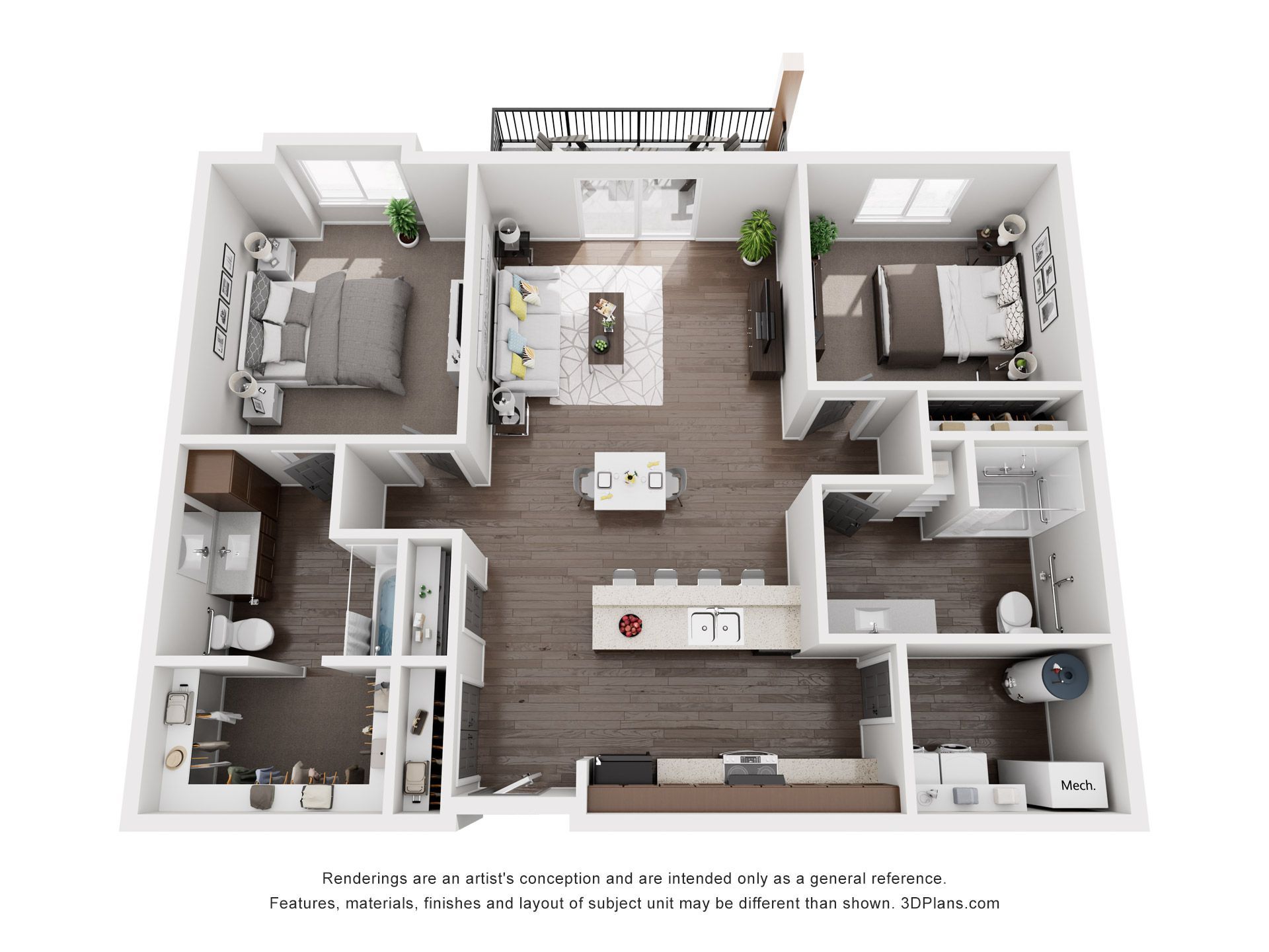 Top-down view of a two-bedroom apartment floor plan, showing furniture and layout with gray and brown tones.