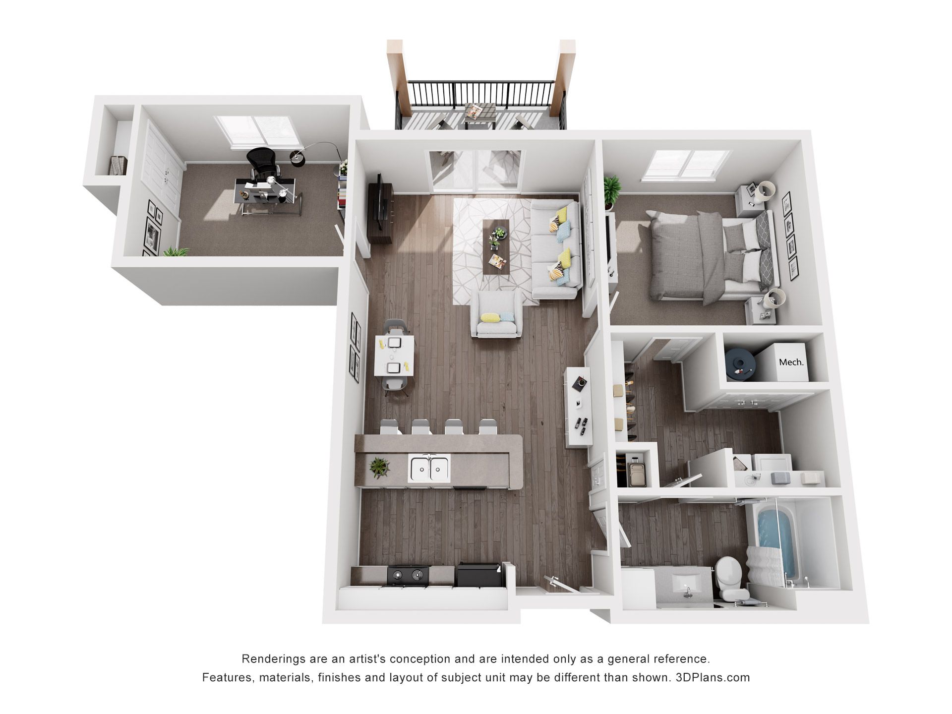 Floor plan rendering of a modern one-bedroom apartment. Includes a bedroom, bathroom, kitchen, living area, and an office space.