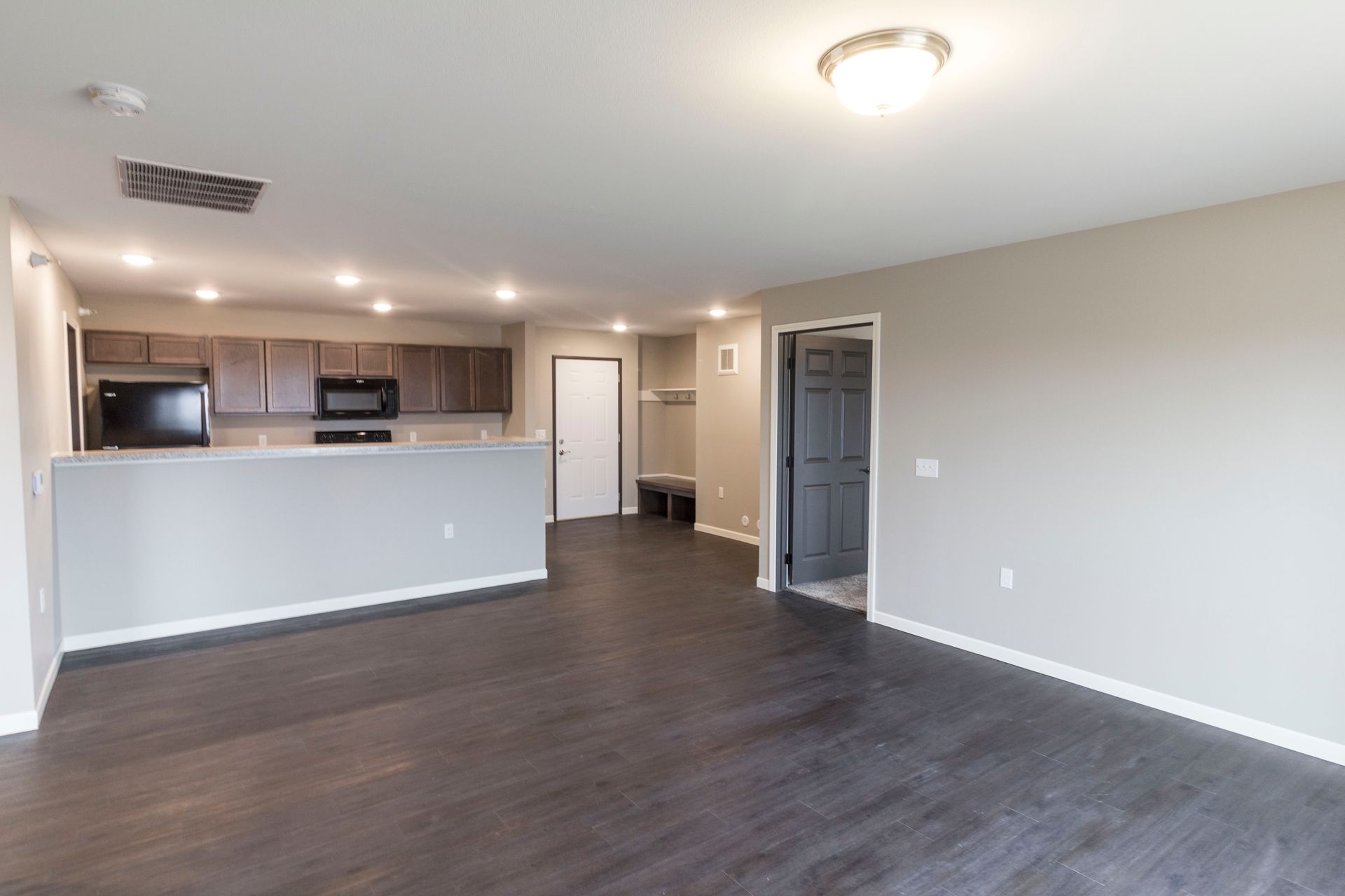 Open-concept living space with dark wood floors, a kitchen with brown cabinets, and a hallway leading to a dark door.