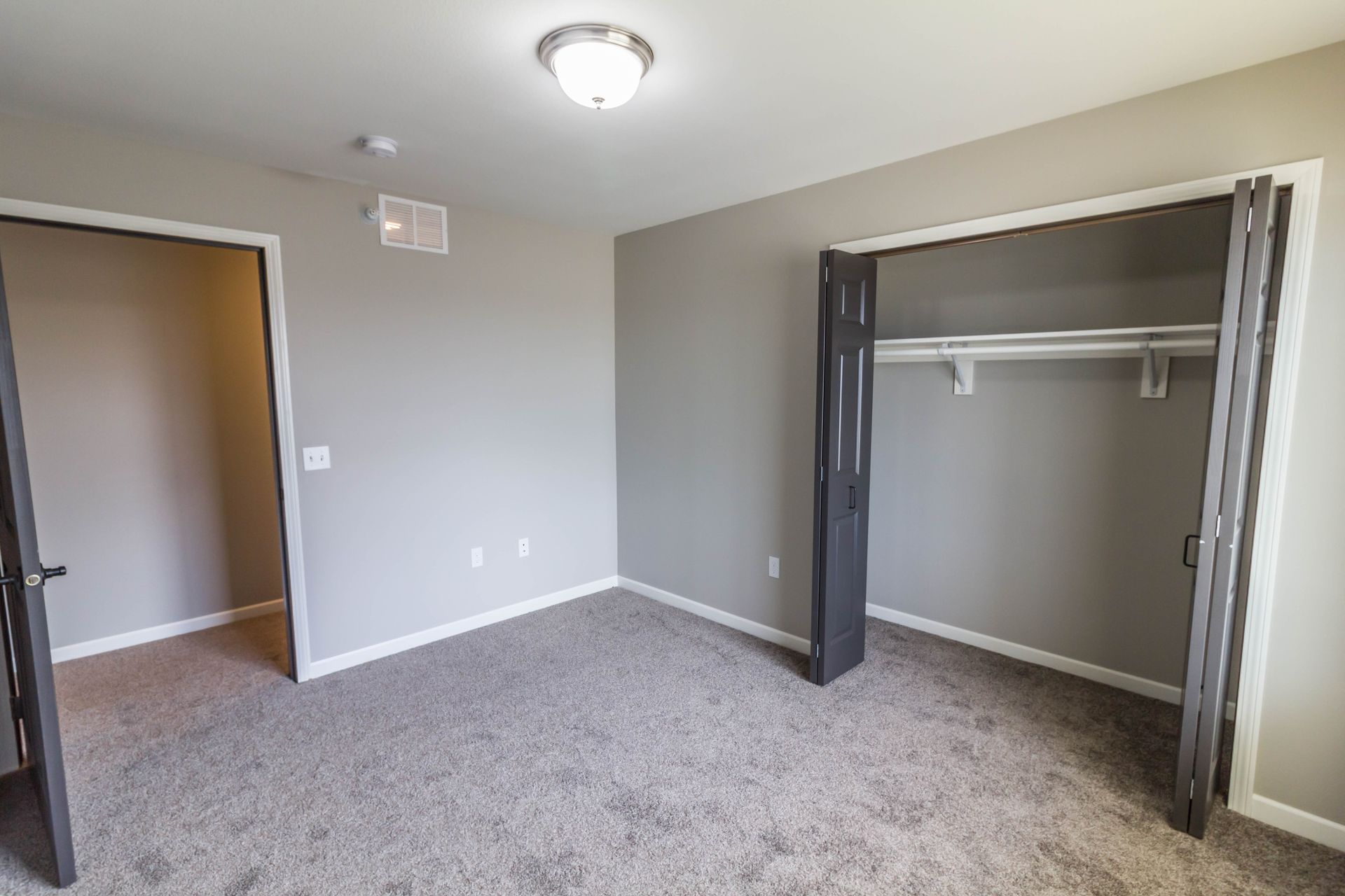 Empty bedroom with gray walls, carpet, open closet, and a door.