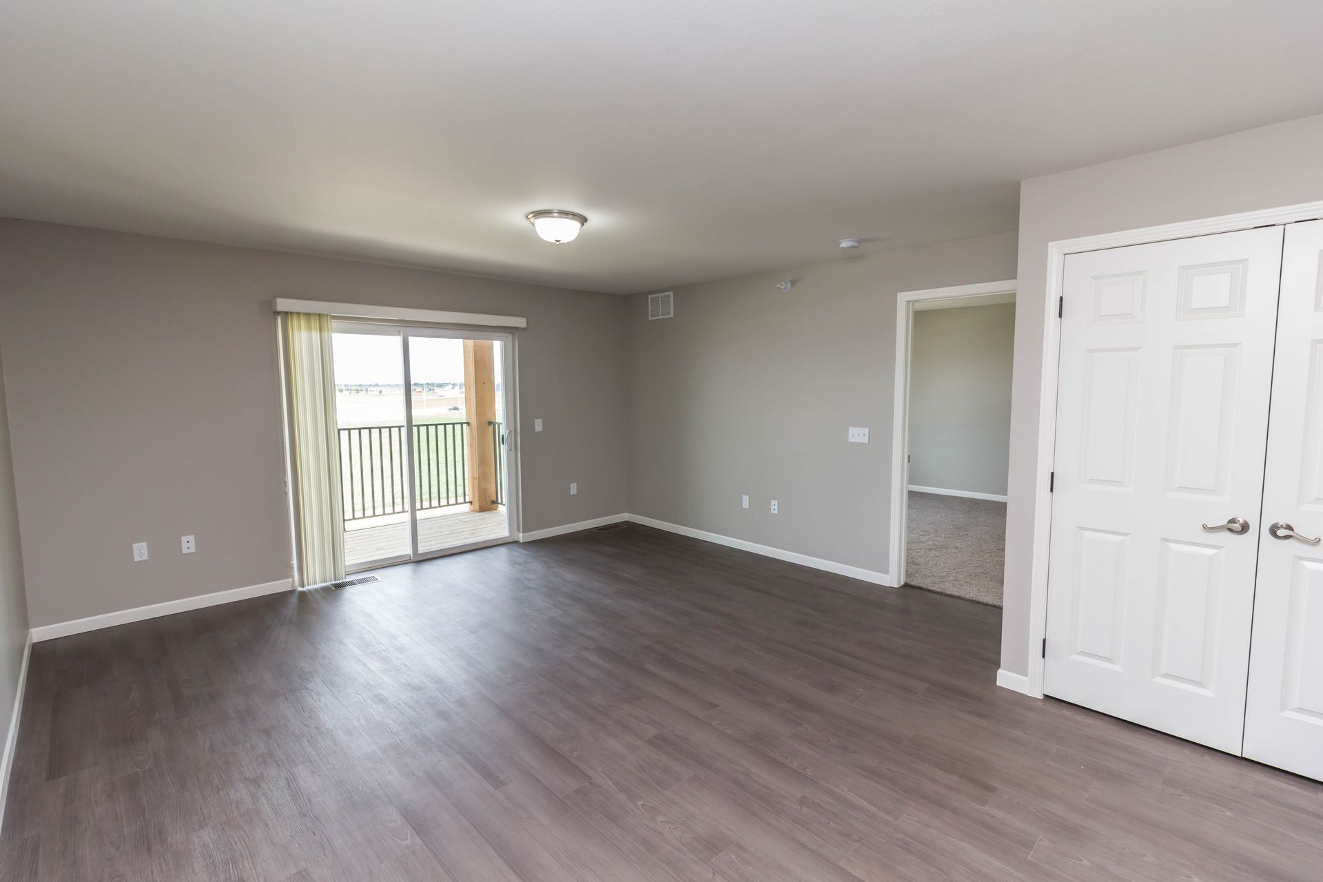 Empty room with gray walls, dark wood-look flooring, and a sliding door to a balcony. White doors are on the right.