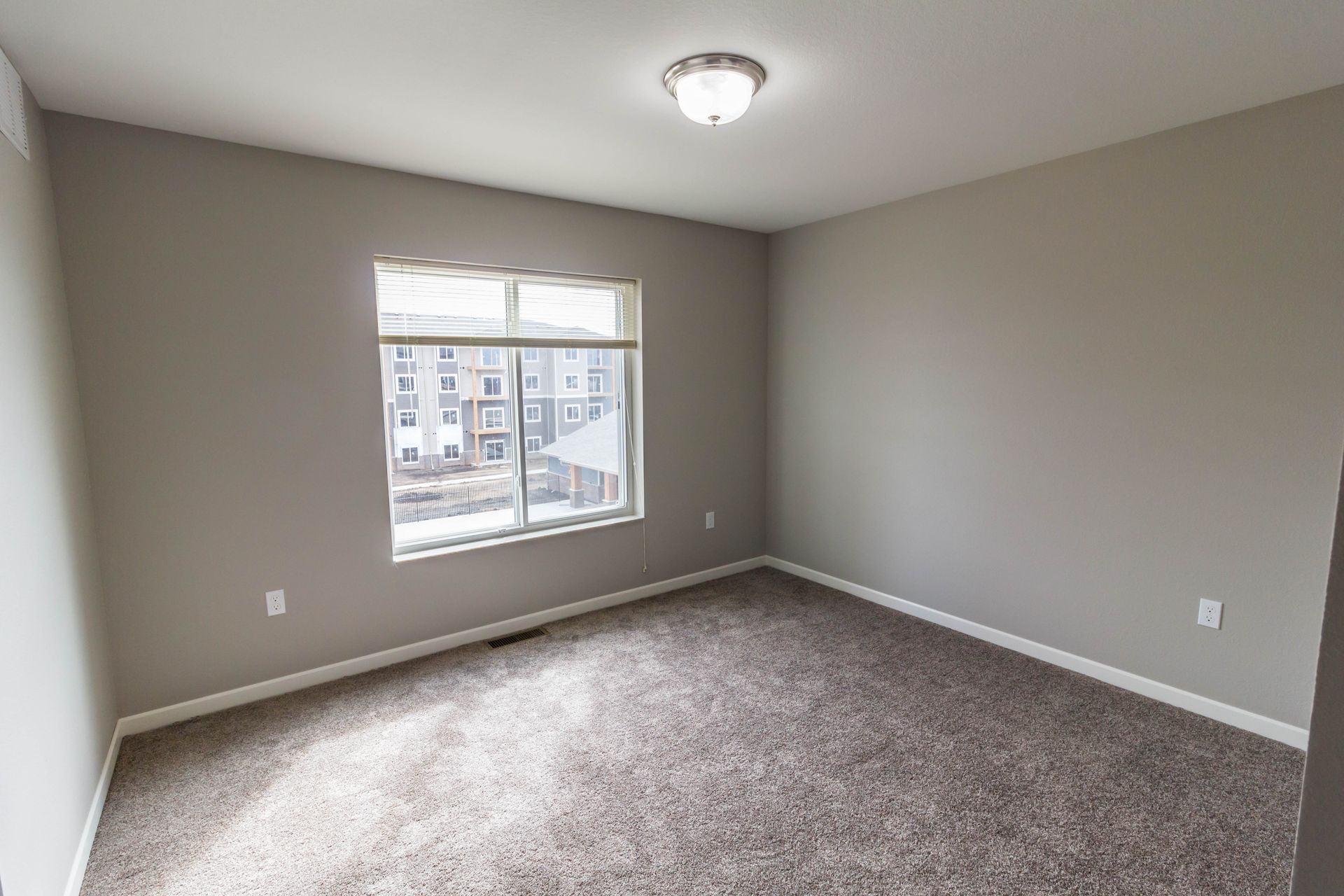 Empty room with gray walls, a window, and brown carpet. A ceiling light is visible.