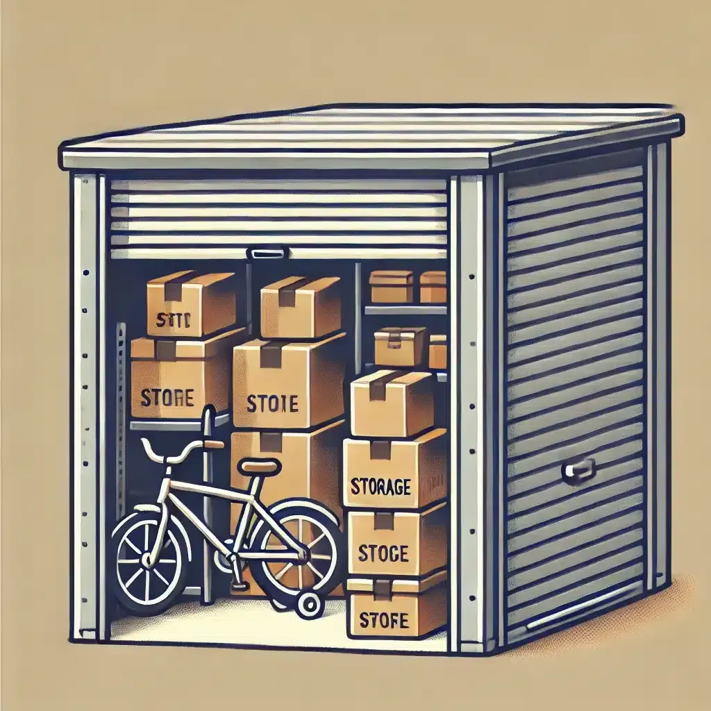 Storage unit packed with boxes and a bicycle.