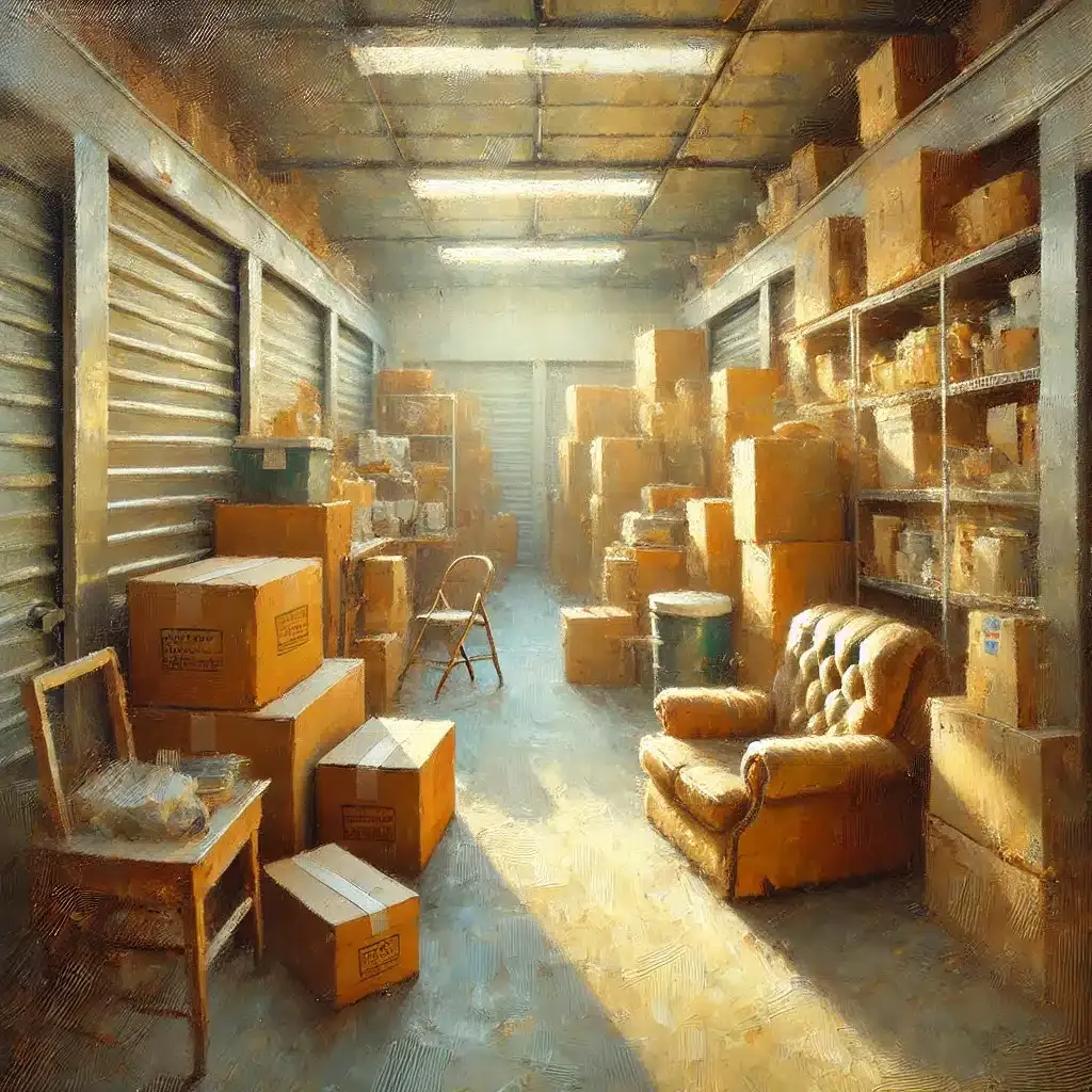 Storage unit filled with cardboard boxes, shelves, chair, and sunlight.