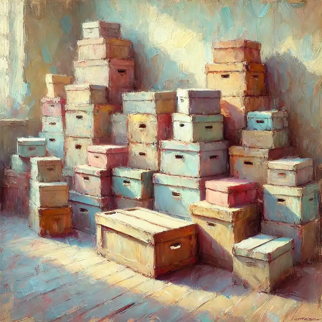 Stacks of colorful moving boxes in a sunlit room, suggesting a relocation or storage scenario.