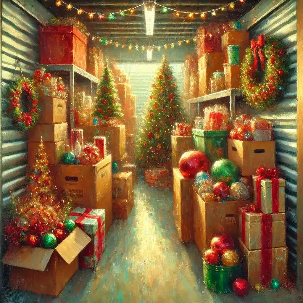 A storage unit filled with Christmas decorations and gifts; includes lit trees, wreaths, and boxes.