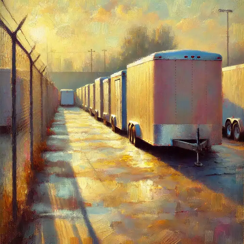 Storage trailers parked in a fenced lot. Warm sunlight casts long shadows on the wet pavement.
