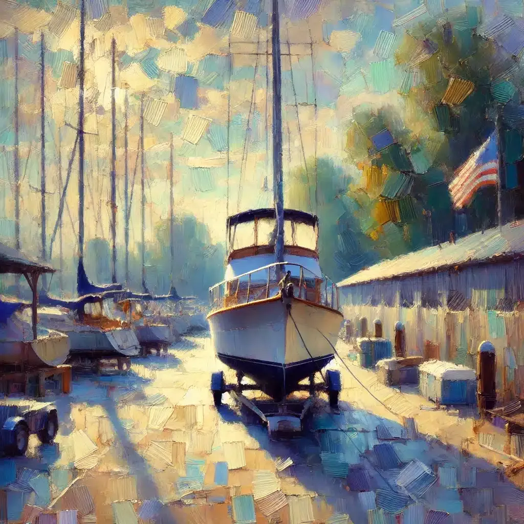 A boat on a trailer, docked at a harbor. Boats, buildings, and an American flag. Soft colors and sunlight.