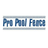 "Pro Pool Fence" text in blue, enclosed by two horizontal lines with a small checkerboard pattern.