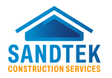 Logo for Sandtek Construction Services: Blue house outline above blue text "SANDTEK" and orange text "CONSTRUCTION SERVICES".