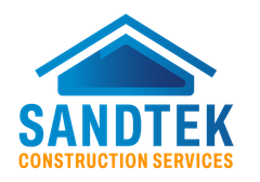 Logo for Sandtek Construction Services: Blue house outline above blue text "SANDTEK" and orange text "CONSTRUCTION SERVICES".