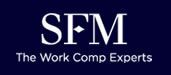 The logo for sfm the work comp experts is on a blue background.