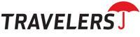 A logo for travelers j with a red umbrella in the middle.