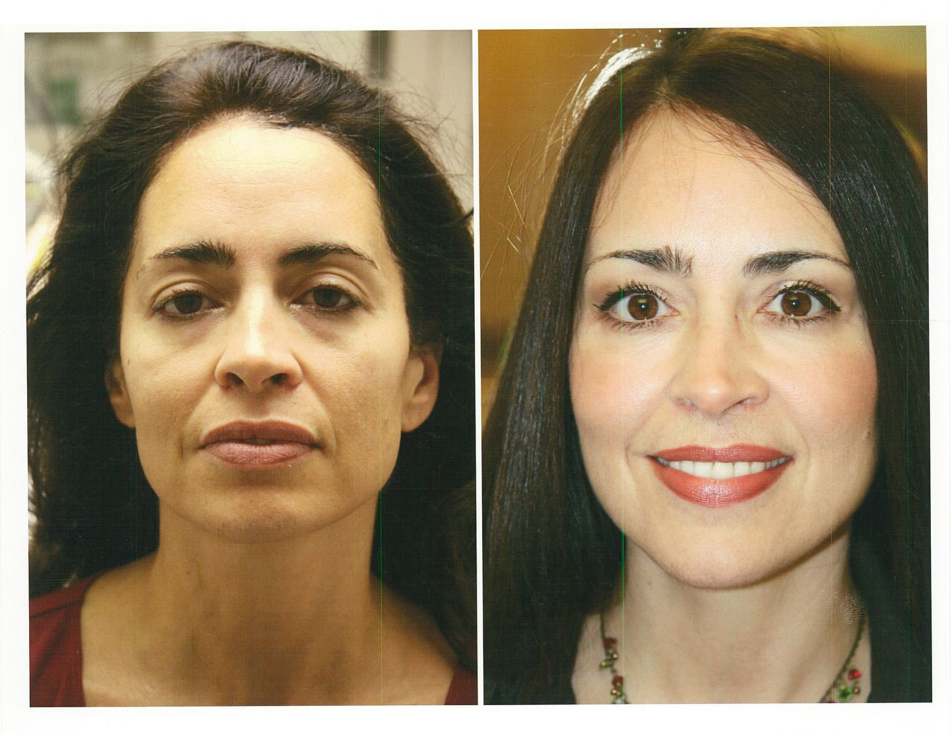 Woman before and after cosmetic work; dark hair, red shirt, then makeup and smiling.