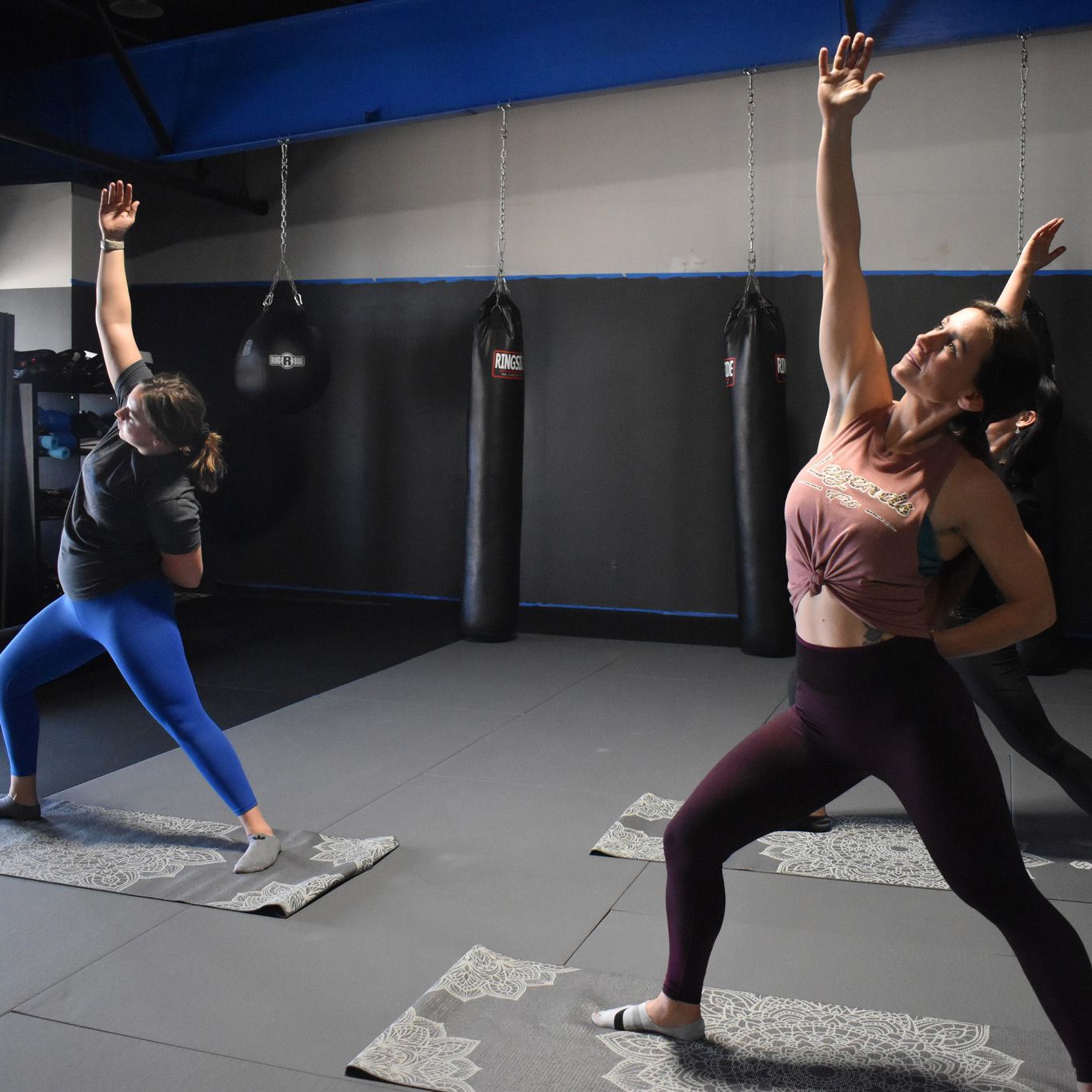 A group of women are practicing yoga in a gym