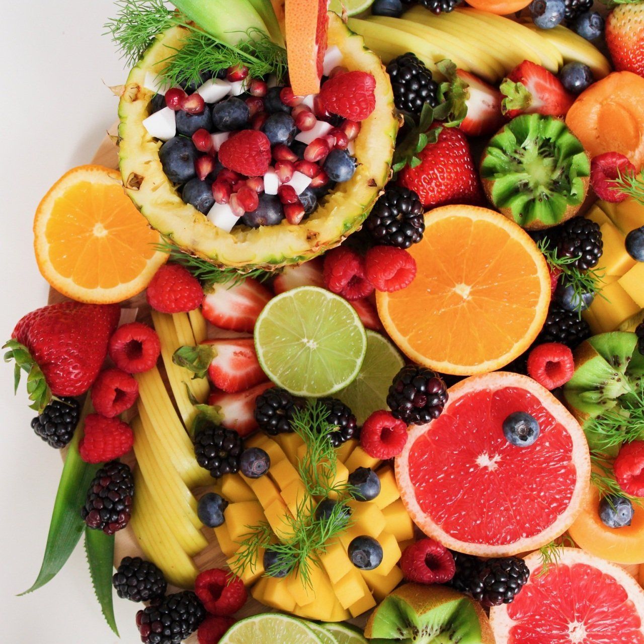 A variety of fruits and vegetables on a plate