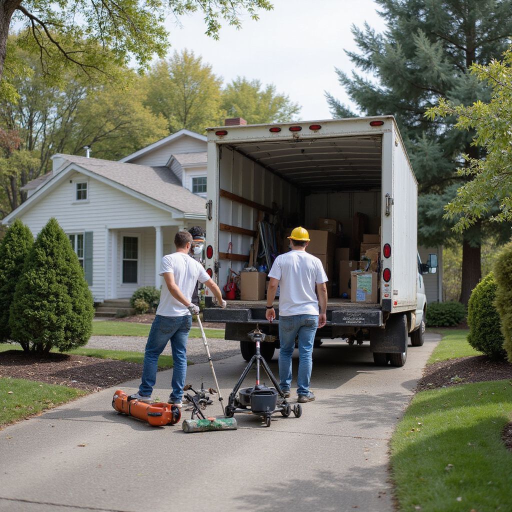 Two movers loading boxes into a moving truck parked in front of a white house.
