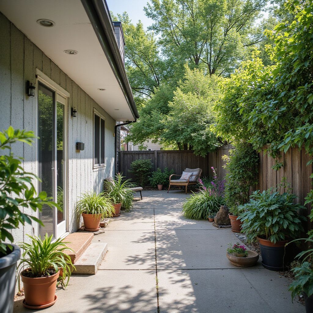 Backyard patio with potted plants, a wooden fence, and a lounge chair under a tree.