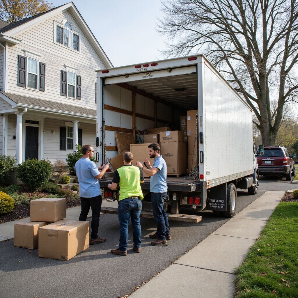 Movers loading boxes into a moving truck in front of a house.