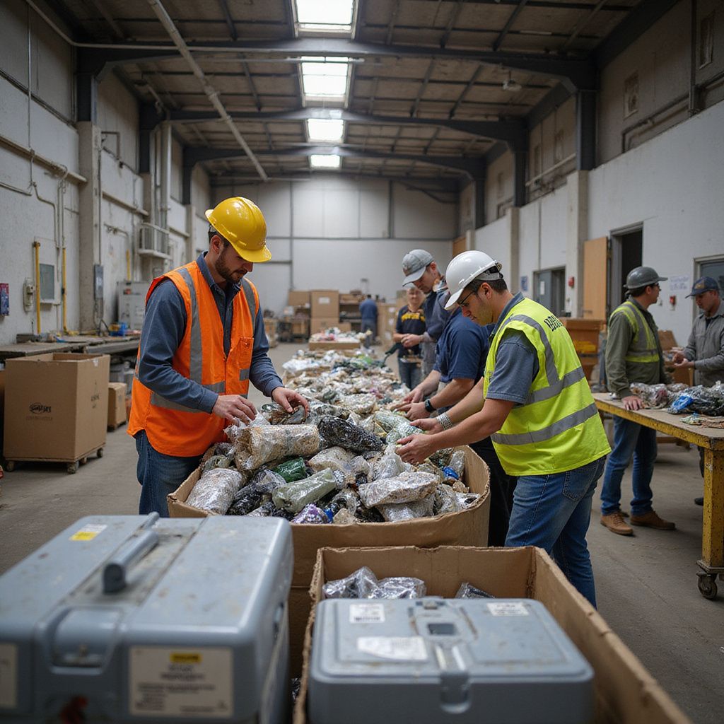 Workers sorting recyclables in a warehouse, wearing safety vests and hard hats.