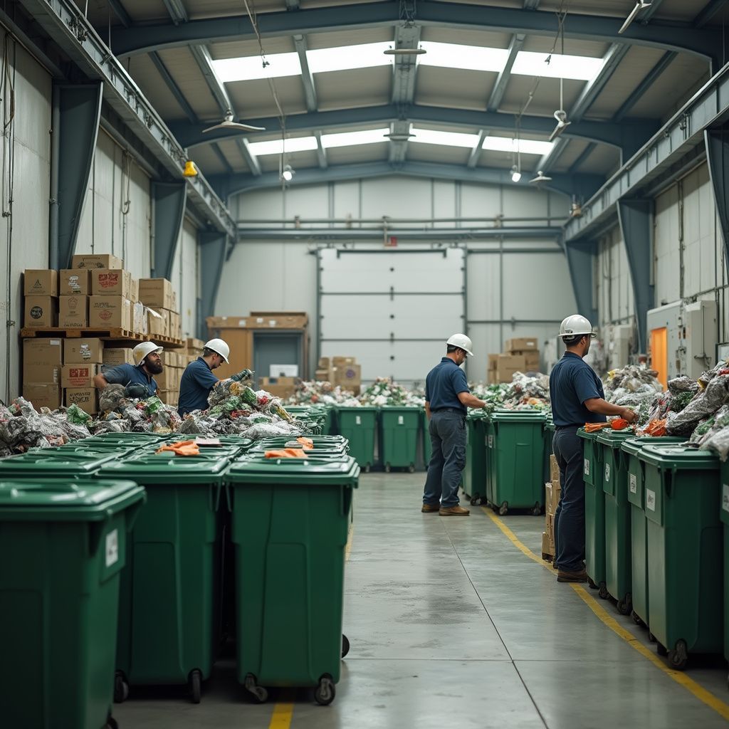 Workers sorting waste in a recycling facility, filled with green bins, boxes, and a large door.
